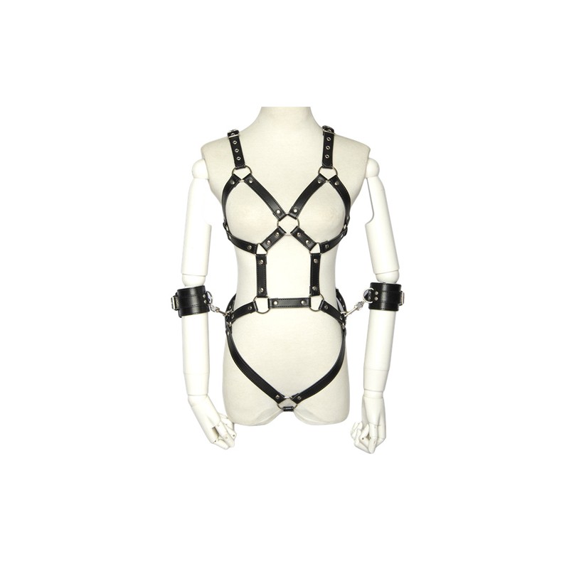 Open Breast Leather Body Harness with Cuffs