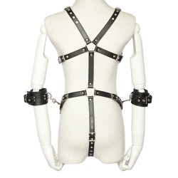 Open Breast Leather Body Harness with Cuffs