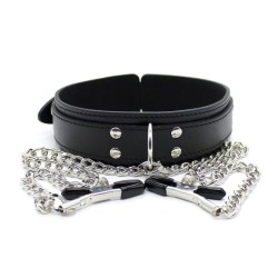 D Ring Bondage Collar With Nipple Clamp