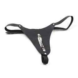 Open Front Leather Thong with Chain