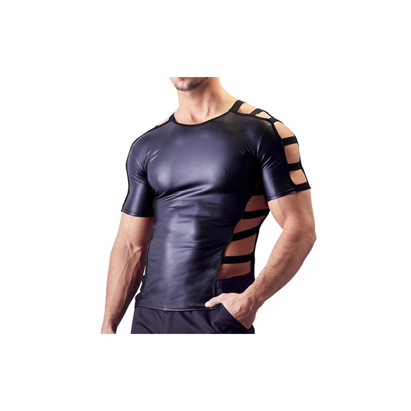 Men Hot Patent Leather Hollowed-out T-shirt