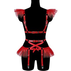 Lace Trim Buckled Leather Body Bondage With Garter Belt