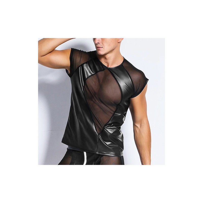 Strong Men Faux Leather Spliced With Mesh T-shirt