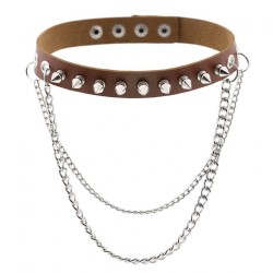 Rivet Spiked Leather Collar With Chain