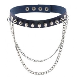 Rivet Spiked Leather Collar With Chain