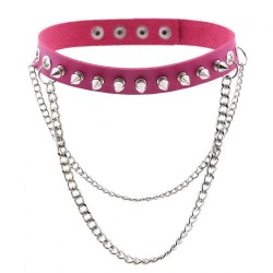 Rivet Spiked Leather Collar With Chain