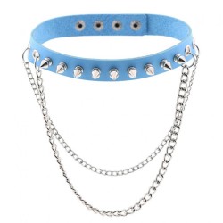 Rivet Spiked Leather Collar With Chain