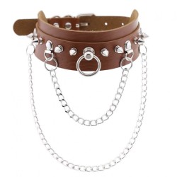 PU Leather Silver Nail Collar With Chain