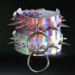 Double Layer PU Leather Silver Nail Collar - Laser