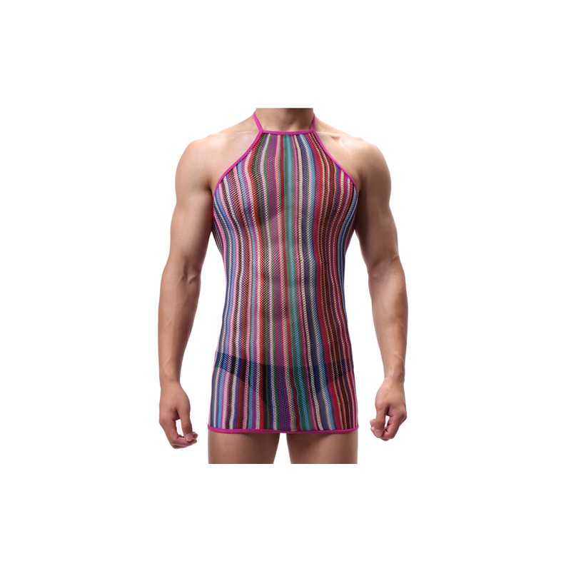 Men Haltered Colorful Striped Mesh Dress