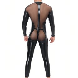 Men Transparent Faux Leather Spliced With Mesh Jampsuit