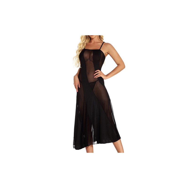 Pure Black Transparent Strappy Long Nigth Dress