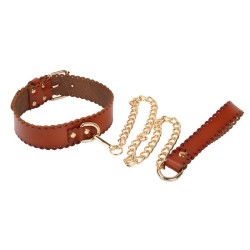 real leather collar with golden lead