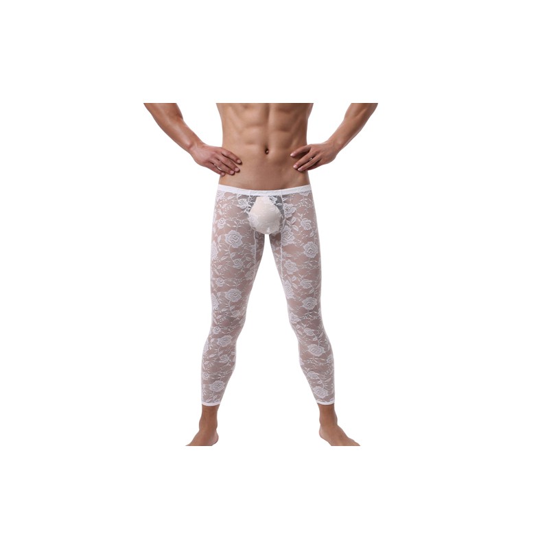 Sexy Men Tight Rose Pattern Lace Pants