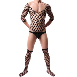 Black Elastic Fishnet One-piece Suit With Stockings