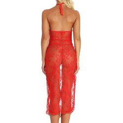 Alluring Red Halter See-through Lace Long Dress