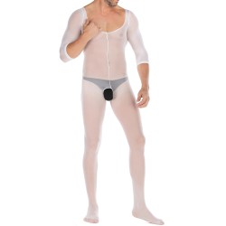 Pure White Crotchless Low Cut Jampsuit Teddy For Men