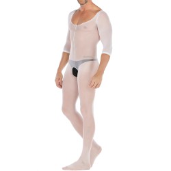 Pure White Crotchless Low Cut Jampsuit Teddy For Men