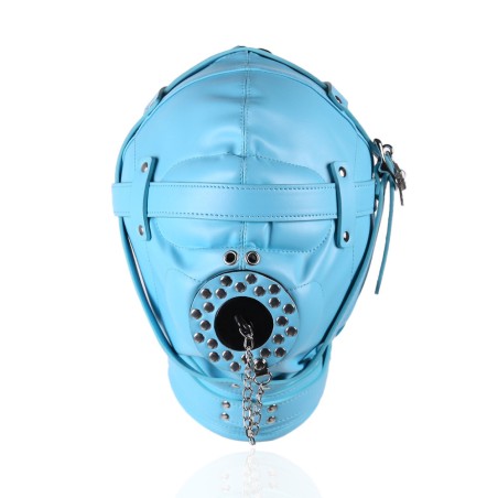 Sensory Deprivation Hood with Open Mouth Gag - Blue