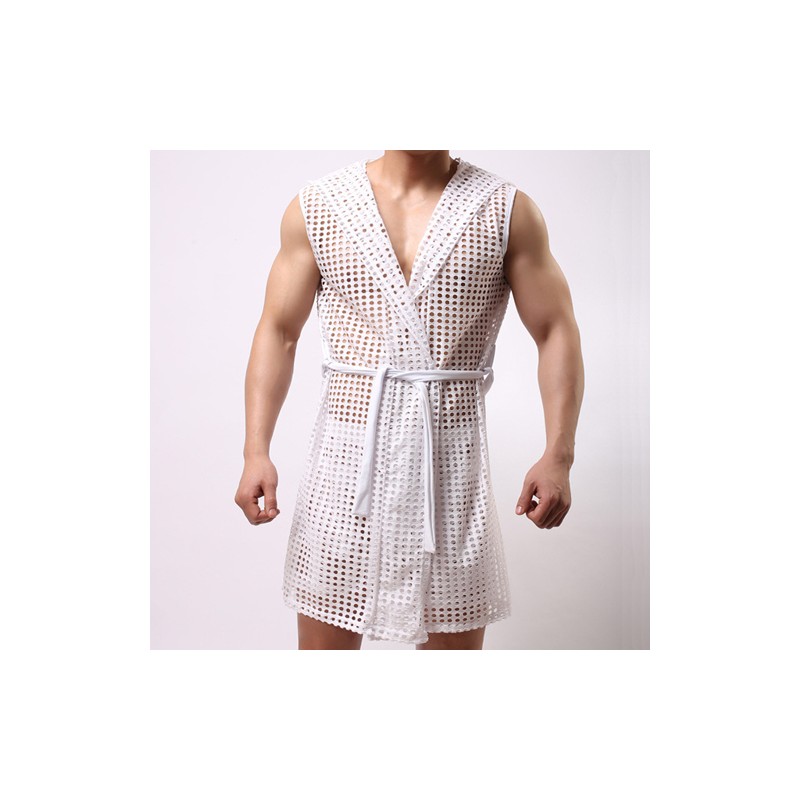 Powerful Hollowed-out Net Hooded Bandaged Bathrobe