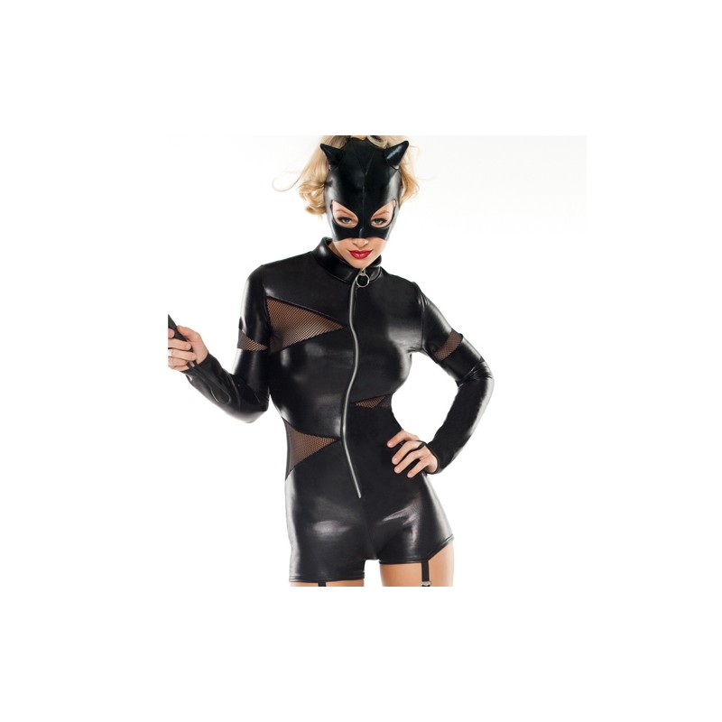 Black Faux Leather Mesh Splicing Zipper Costume