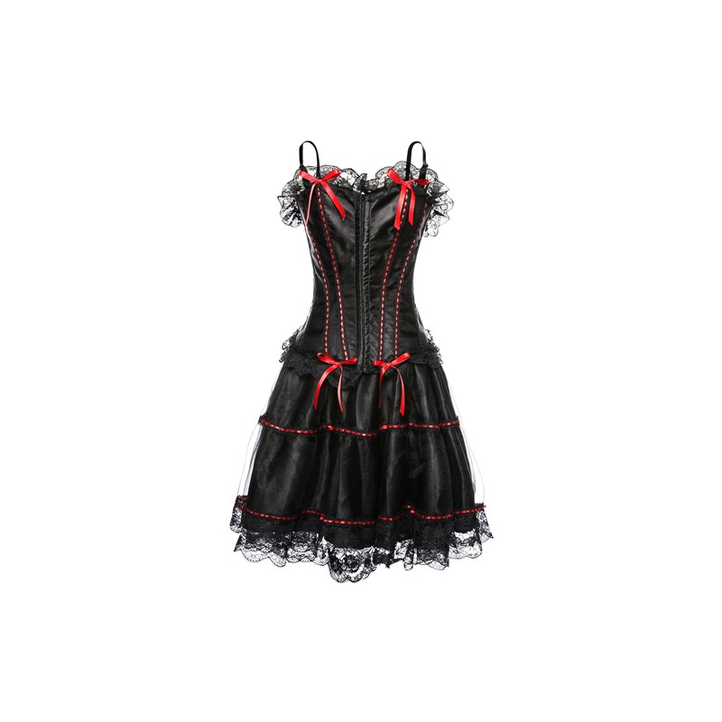 Hot Strappy Lace Trim Satin Corset With Mesh Dress