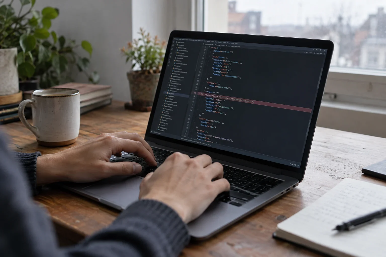 AI-generated illustration; not taken on location · An illustrative scene of hands typing on a laptop with a code editor showing JSON and a highlighted error.